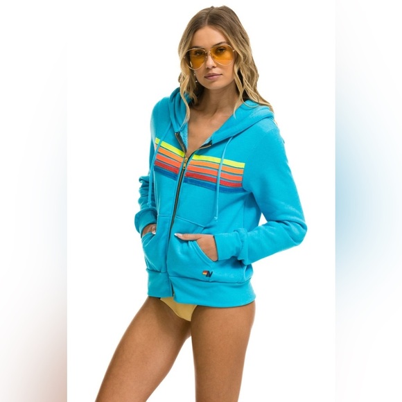 AVIATOR NATION 5 STRIPE HOODIE - NEON BLUE // NEON RAINBOW | EUC!!🩵🌈🩵🌈 - Picture 4 of 13